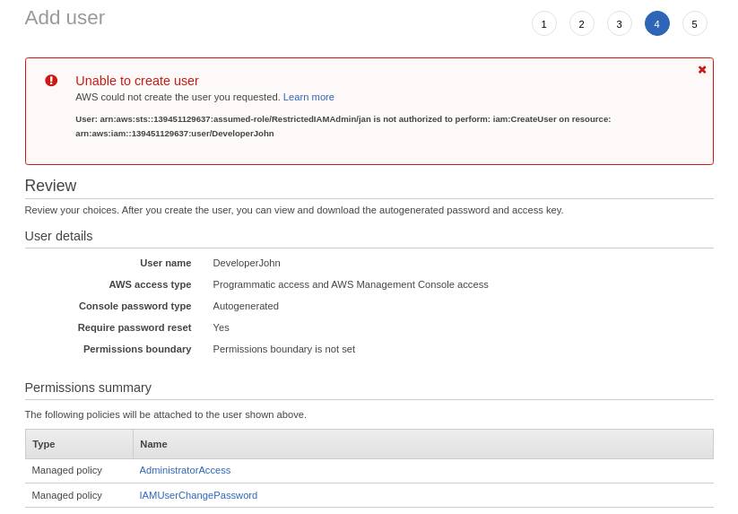 AWS console form for user create failure