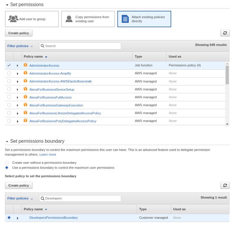 AWS console form for attaching permissions boundary