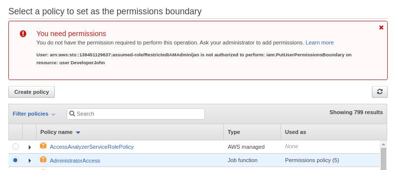 AWS console form for change permissions boundary