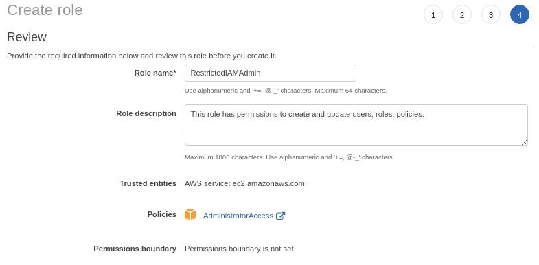 AWS console form to create role