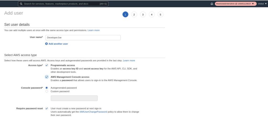 AWS console form to create user