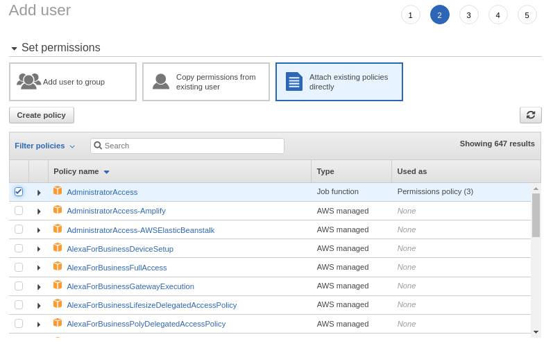 AWS console form to create user page 2