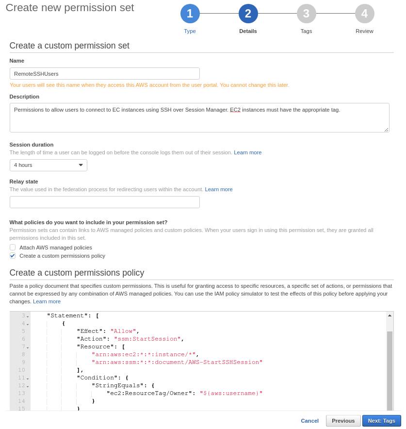 SSO form for creating permission set for remote SSH connection