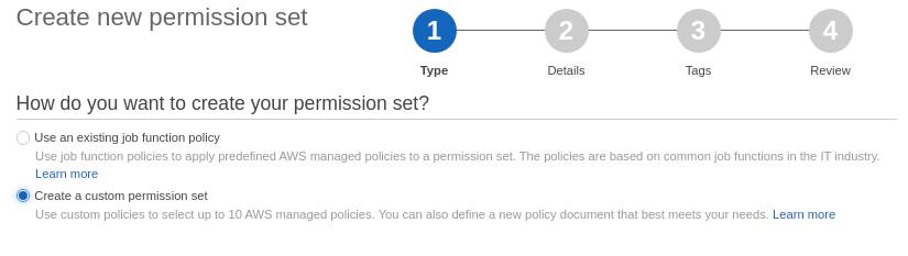 An AWS SSO form for creating permission sets first page