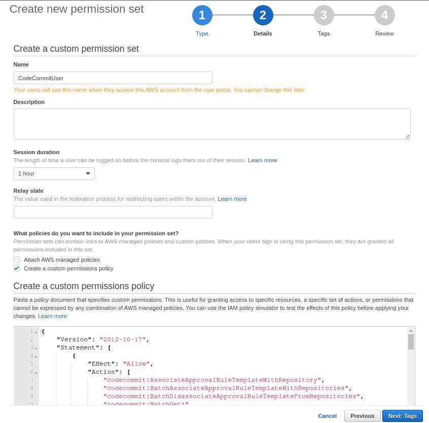 An AWS SSO form for creating permission sets second page